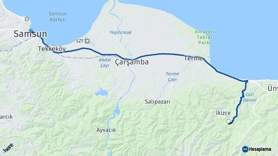 Samsun Çaybaşı Ordu Arası Kaç Km - Yol Haritası