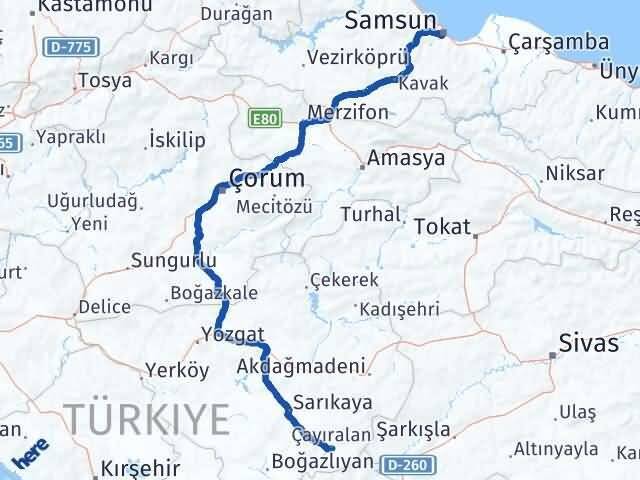 Samsun Çayıralan Yozgat Arası Kaç Km - Yol Haritası