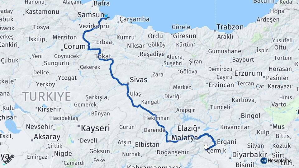 Samsun Çermik Diyarbakır Arası Kaç Km - Yol Haritası