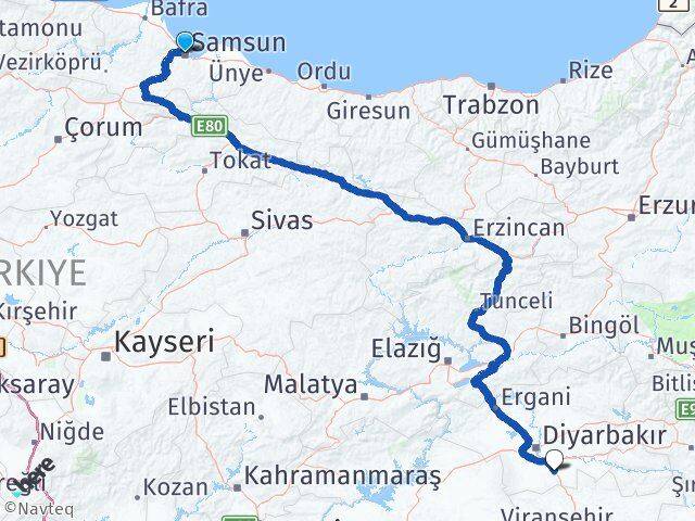 Samsun Çınar Diyarbakır Arası Kaç Km - Yol Haritası