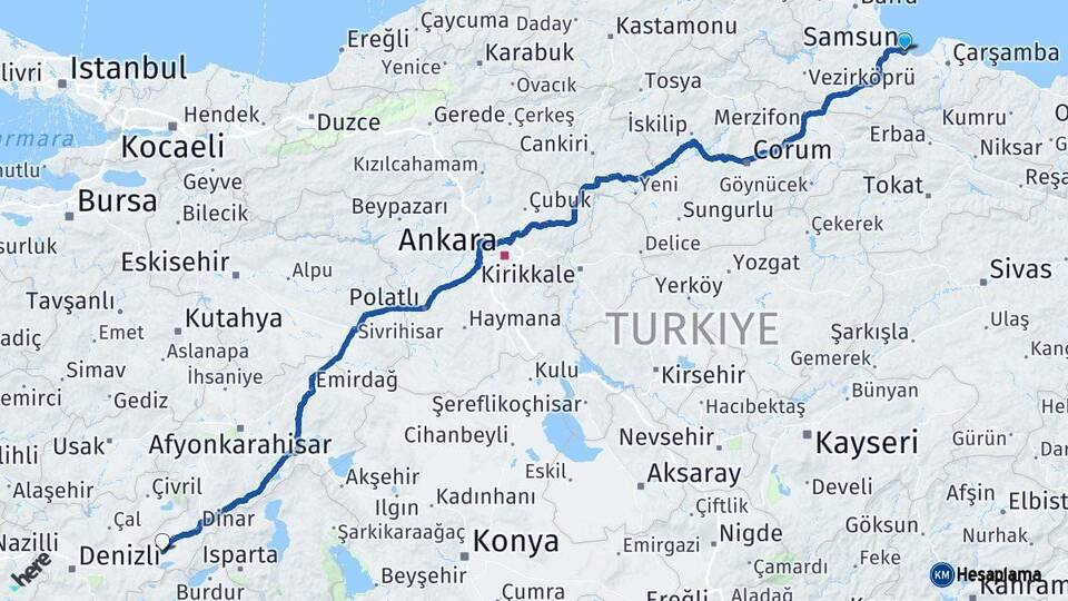 Samsun Dazkırı Afyonkarahisar Arası Kaç Km - Yol Haritası