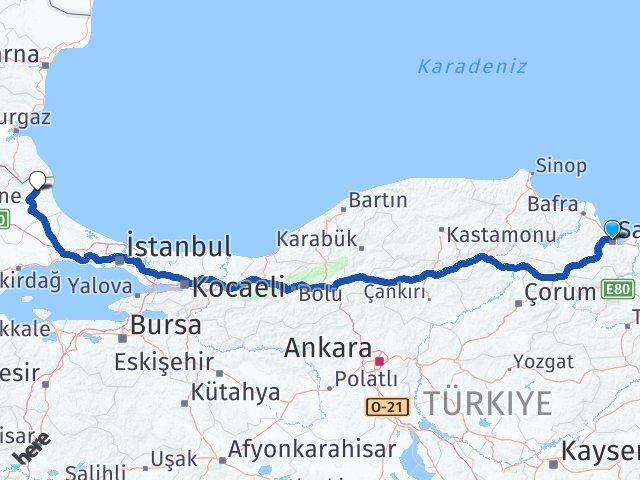 Samsun Demirköy Kırklareli Arası Kaç Km - Yol Haritası