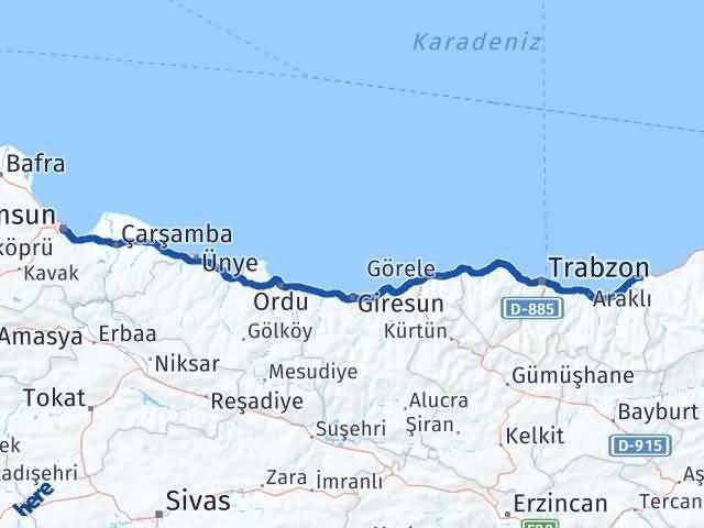 Samsun Derepazarı Rize Arası Kaç Km - Yol Haritası