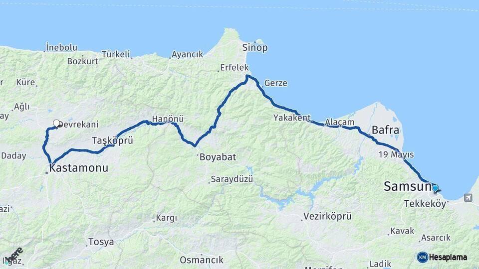 Samsun Devrekani Kastamonu Arası Kaç Km - Yol Haritası