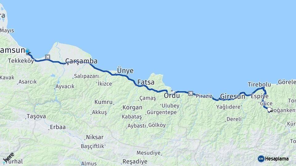 Samsun Doğankent Giresun Arası Kaç Km - Yol Haritası