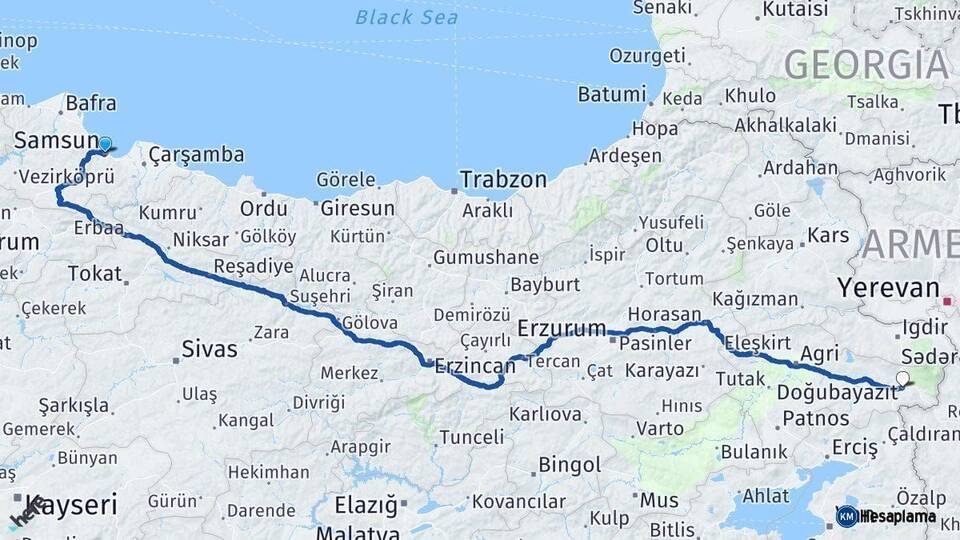 Samsun Doğubayazıt Ağrı Arası Kaç Km - Yol Haritası