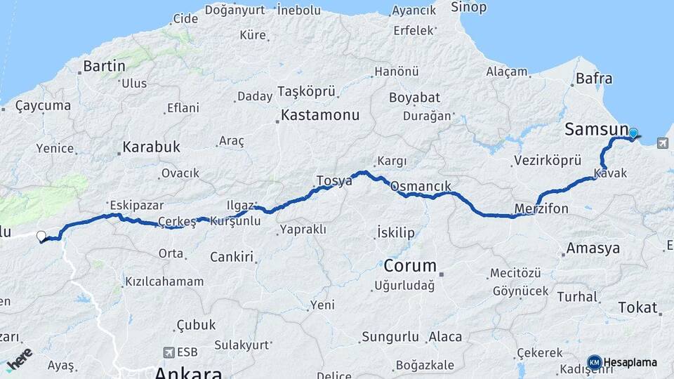 Samsun Dörtdivan Bolu Arası Kaç Km - Yol Haritası