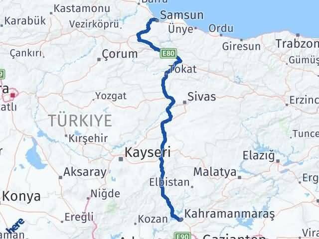Samsun Dulkadiroğlu Kahramanmaraş Arası Kaç Km - Yol Haritası