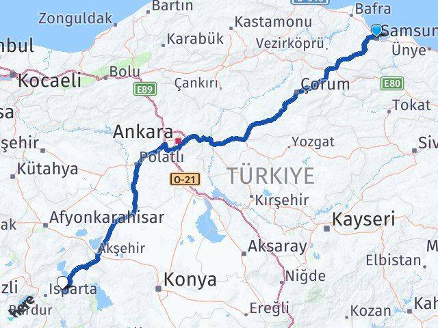 Samsun Eğirdir Isparta Arası Kaç Km - Yol Haritası