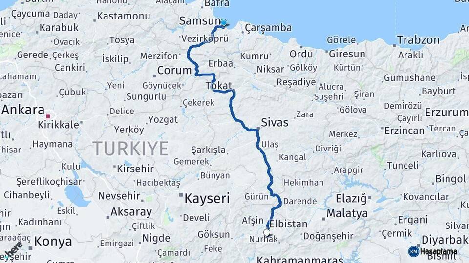 Samsun Ekinözü Kahramanmaraş Arası Kaç Km - Yol Haritası
