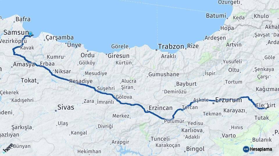 Samsun Eleşkirt Ağrı Arası Kaç Km - Yol Haritası