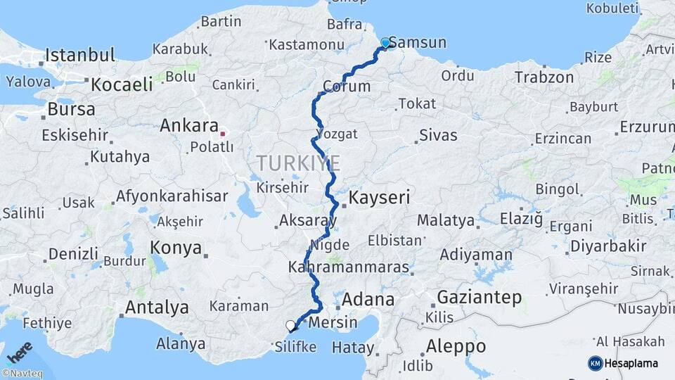 Samsun Erdemli Mersin Arası Kaç Km - Yol Haritası