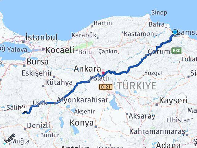Samsun Eşme Uşak Arası Kaç Km - Yol Haritası