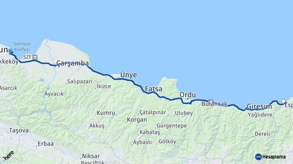 Samsun Espiye Giresun Arası Kaç Km - Yol Haritası