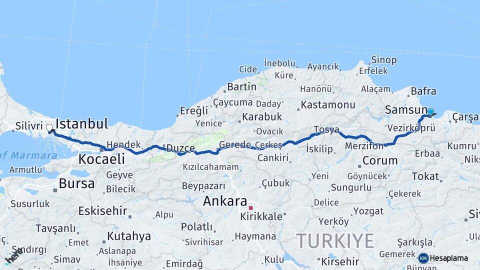 Samsun Eyüpsultan İstanbul Arası Kaç Km - Yol Haritası