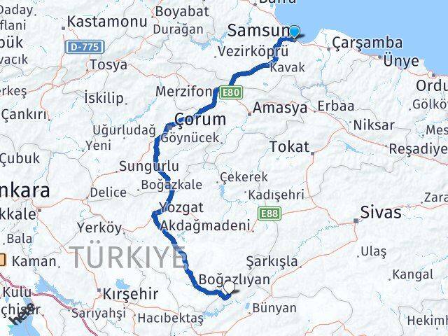 Samsun Felahiye Kayseri Arası Kaç Km - Yol Haritası