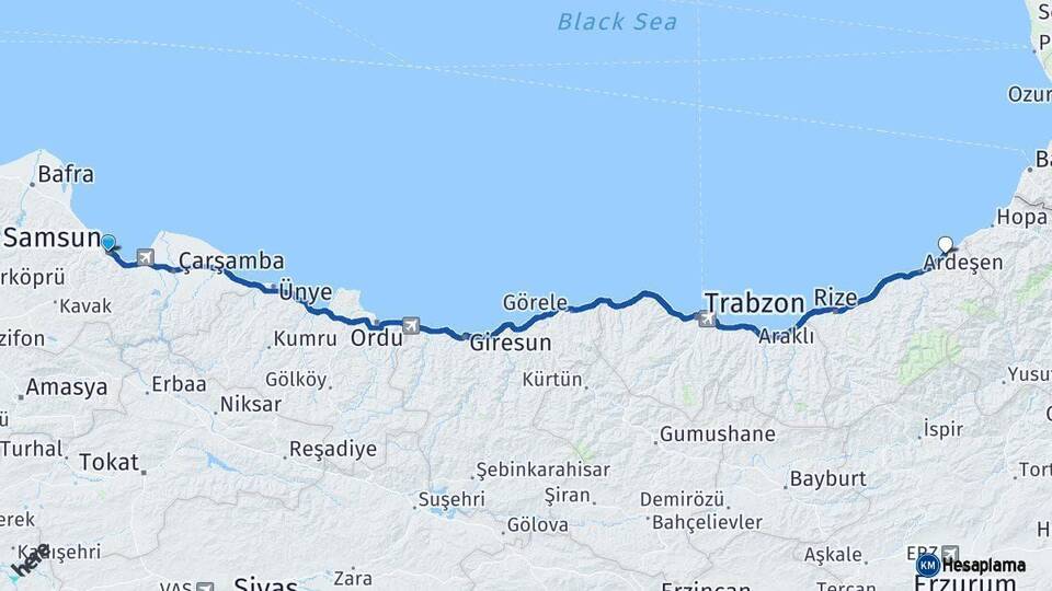 Samsun Fındıklı Rize Arası Kaç Km - Yol Haritası