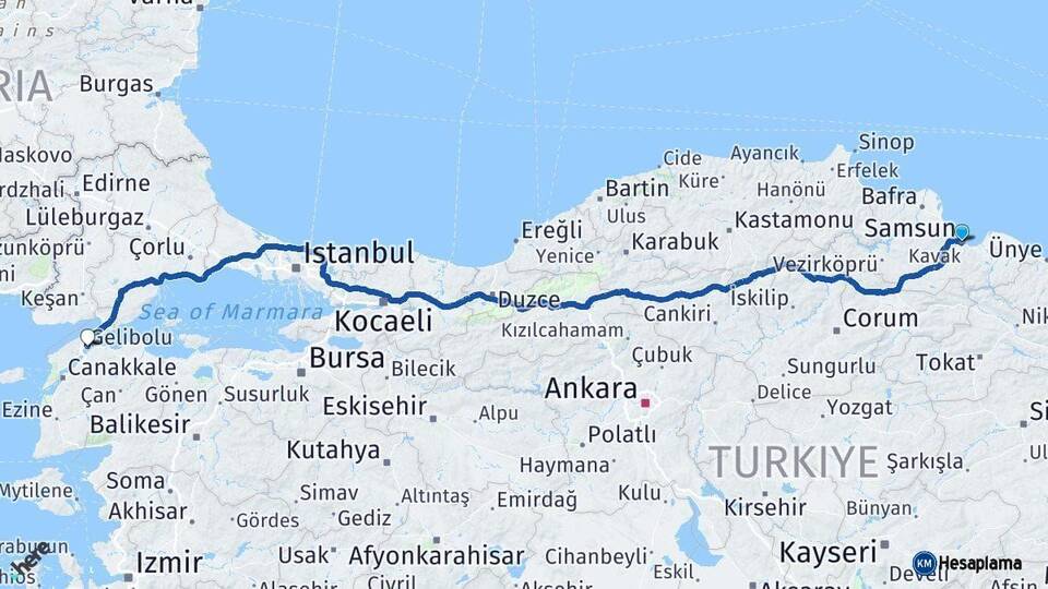 Samsun Gelibolu Çanakkale Arası Kaç Km - Yol Haritası