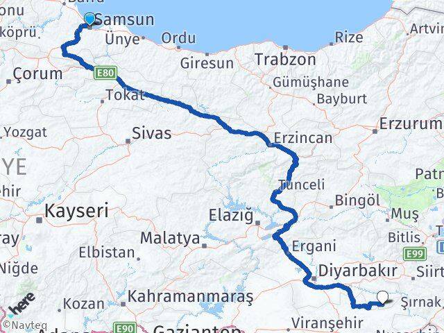 Samsun Gercüş Batman Arası Kaç Km - Yol Haritası
