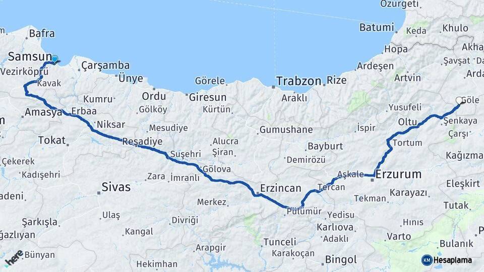 Samsun Göle Ardahan Arası Kaç Km - Yol Haritası