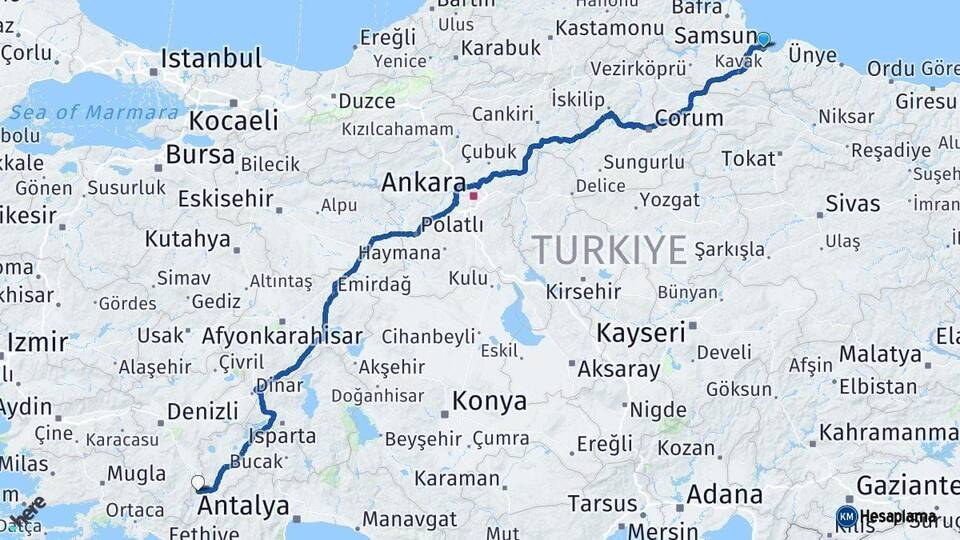 Samsun Gölhisar Burdur Arası Kaç Km - Yol Haritası