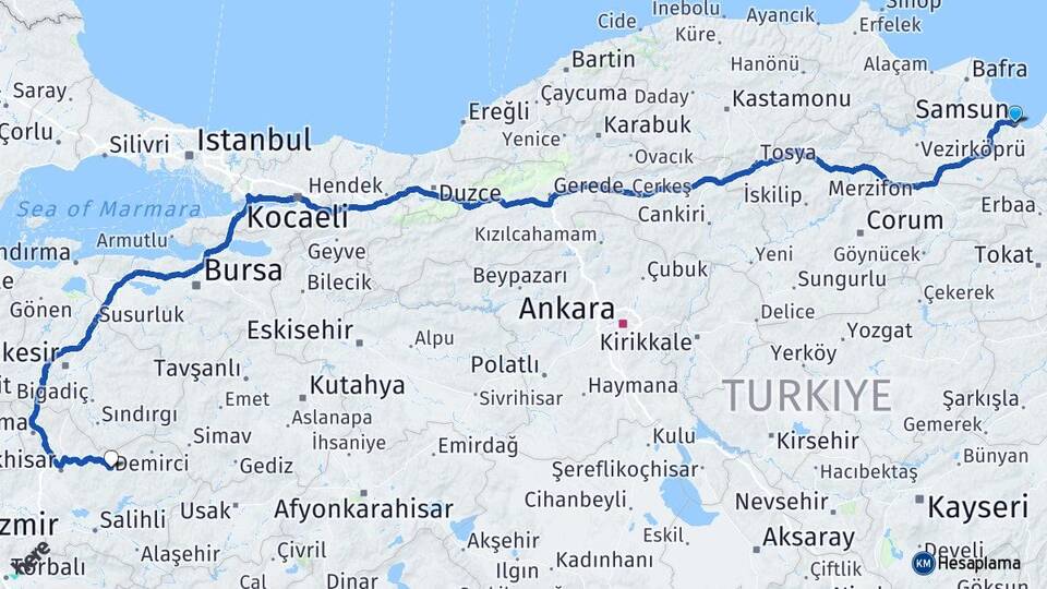 Samsun Gördes Manisa Arası Kaç Km - Yol Haritası