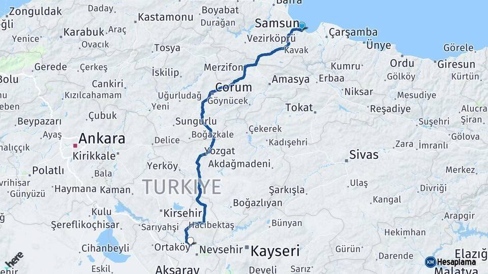 Samsun Gülşehir Nevşehir Arası Kaç Km - Yol Haritası