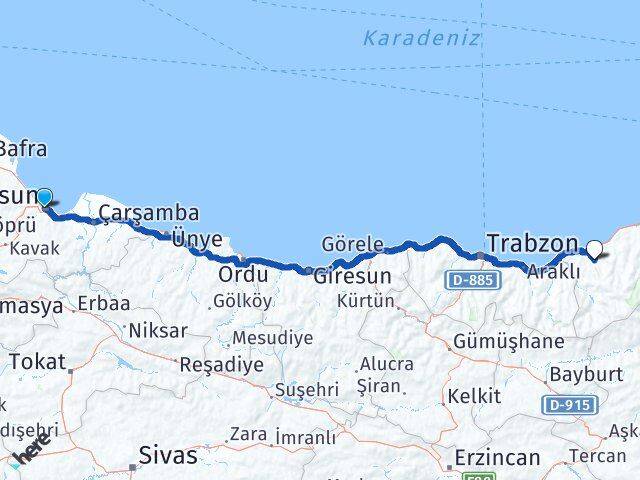 Samsun Güneysu Rize Arası Kaç Km - Yol Haritası