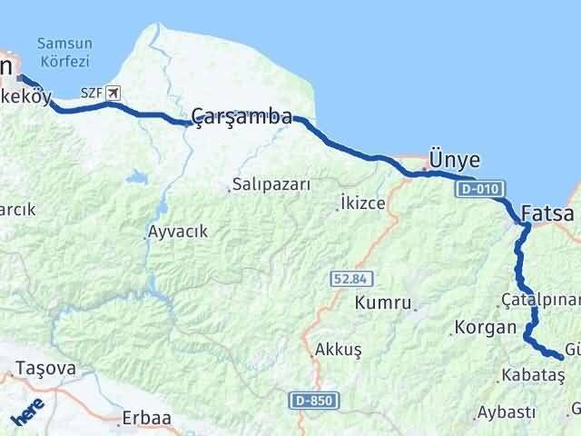 Samsun Gürgentepe Ordu Arası Kaç Km - Yol Haritası