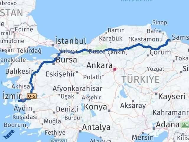 Samsun Güzelbahçe İzmir Arası Kaç Km - Yol Haritası