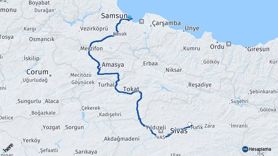 Samsun Hafik Sivas Arası Kaç Km - Yol Haritası