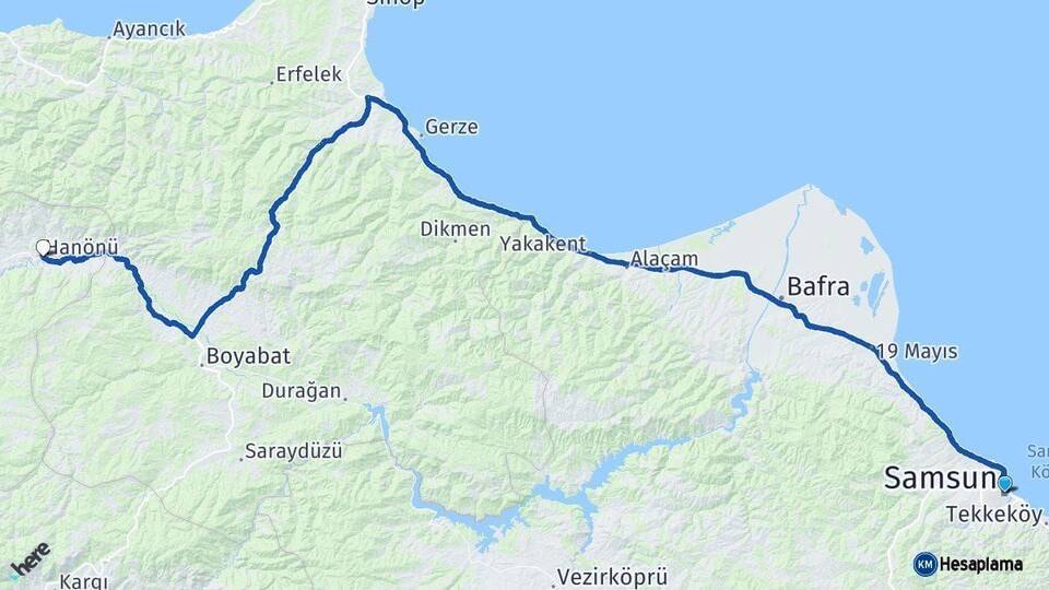 Samsun Hanönü Kastamonu Arası Kaç Km - Yol Haritası