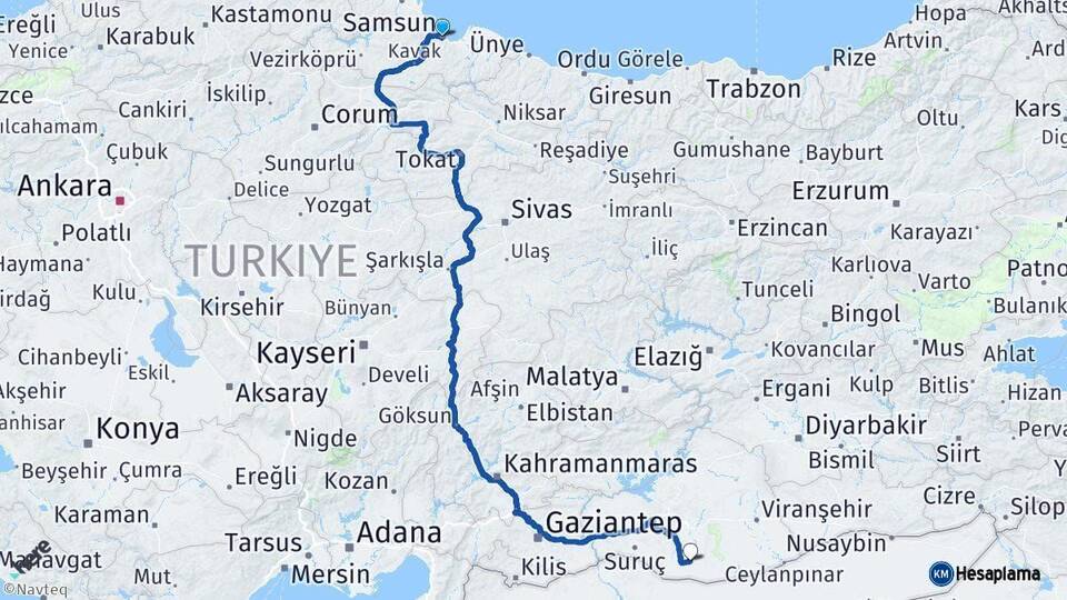 Samsun Harran Şanlıurfa Arası Kaç Km - Yol Haritası