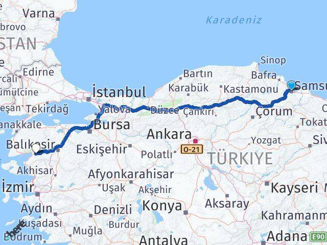 Samsun Havran Balıkesir Arası Kaç Km - Yol Haritası