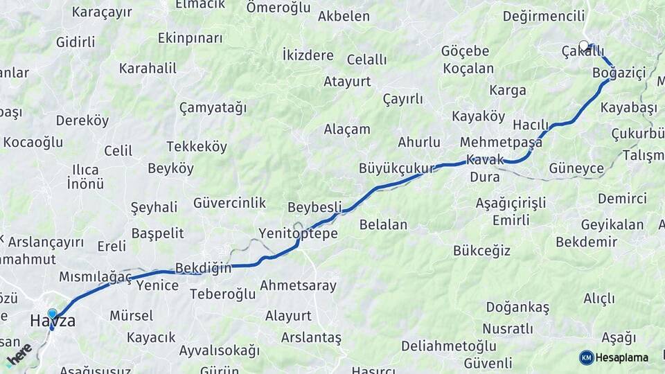 Samsun Havza Çakallı Kavak Arası Kaç Km - Yol Haritası