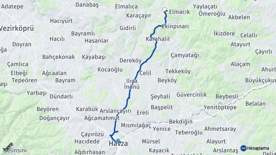 Samsun Havza Çakıralan Havza Arası Kaç Km - Yol Haritası