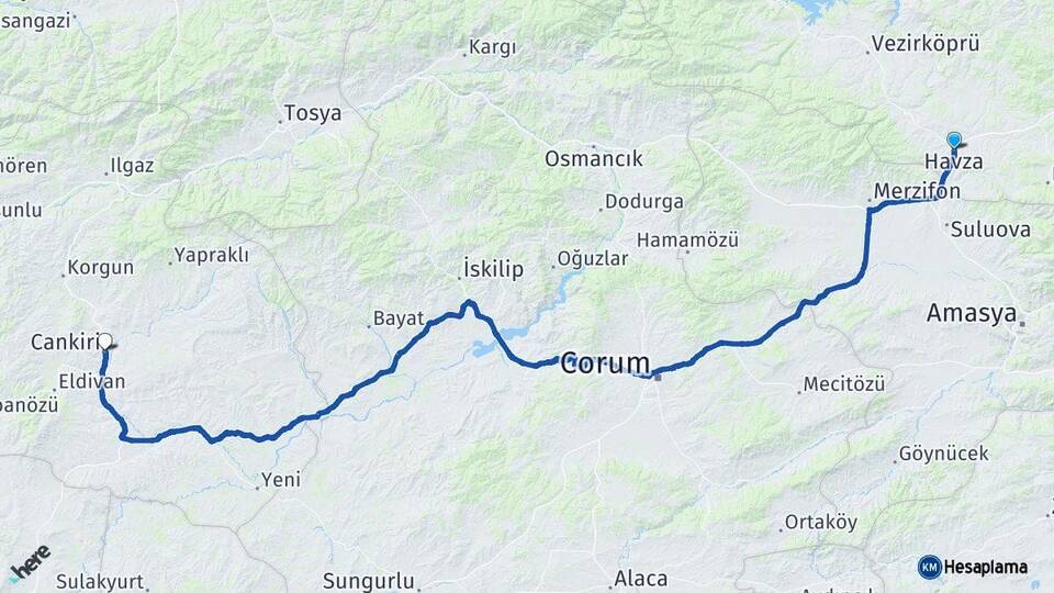 Samsun Havza Çankırı Arası Kaç Km - Yol Haritası