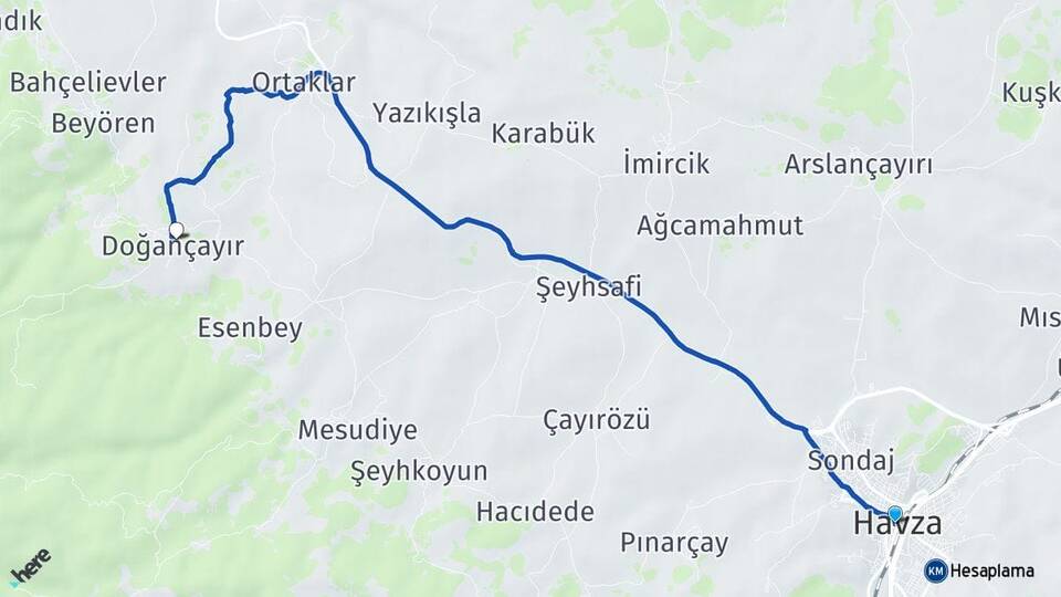 Samsun Havza Doğançayır Havza Arası Kaç Km - Yol Haritası