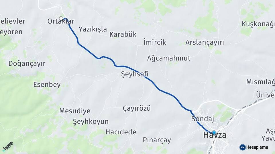 Samsun Havza Ortaklar Havza Arası Kaç Km - Yol Haritası