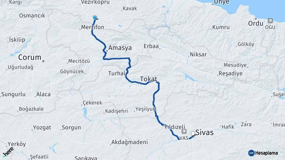 Samsun Havza Sivas Arası Kaç Km - Yol Haritası