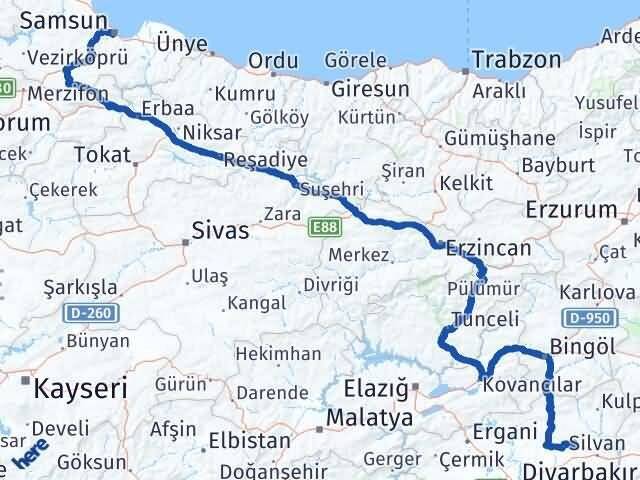 Samsun Hazro Diyarbakır Arası Kaç Km - Yol Haritası