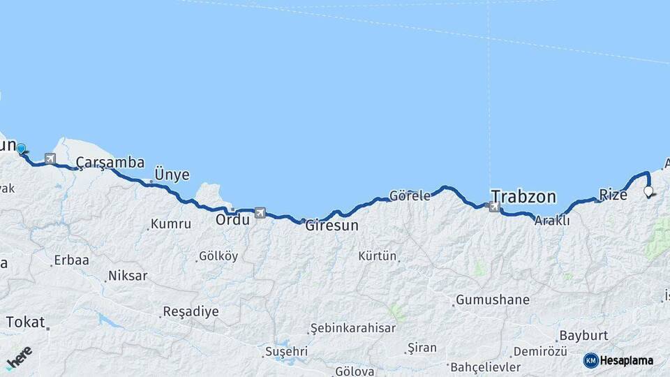 Samsun Hemşin Rize Arası Kaç Km - Yol Haritası