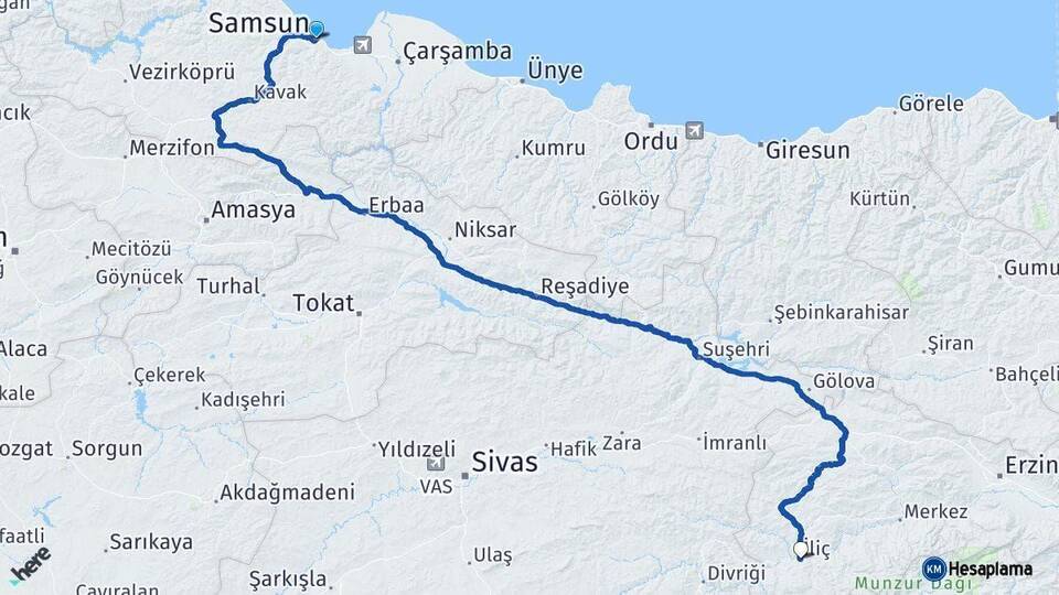 Samsun İliç Erzincan Arası Kaç Km - Yol Haritası