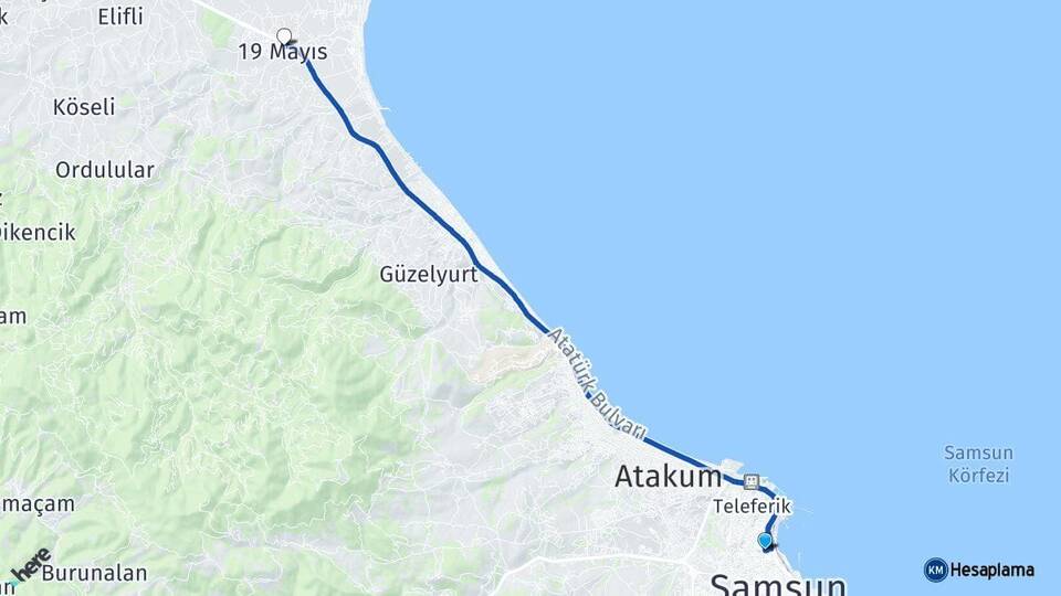 Samsun İlkadım 19 Mayıs Arası Kaç Km - Yol Haritası