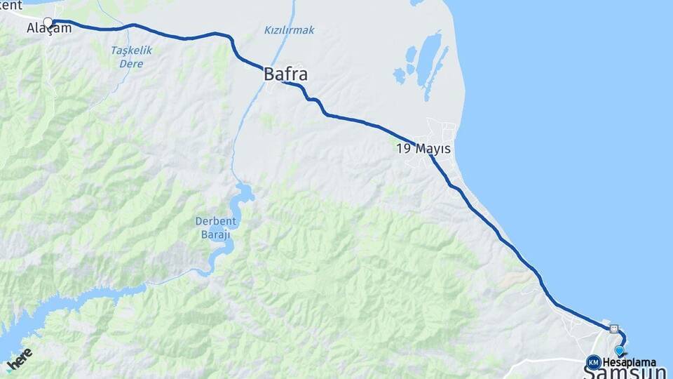 Samsun İlkadım Alaçam Arası Kaç Km - Yol Haritası