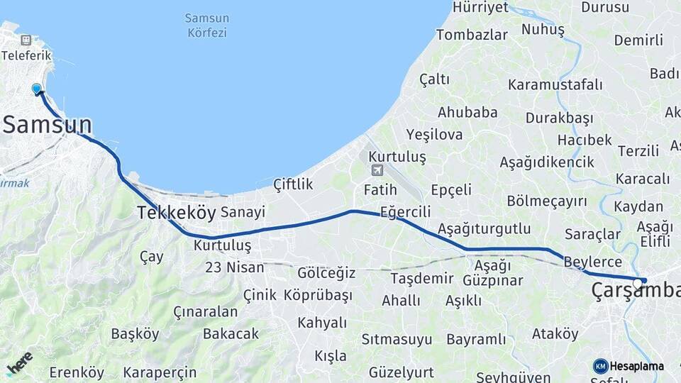 Samsun İlkadım Çarşamba Arası Kaç Km - Yol Haritası