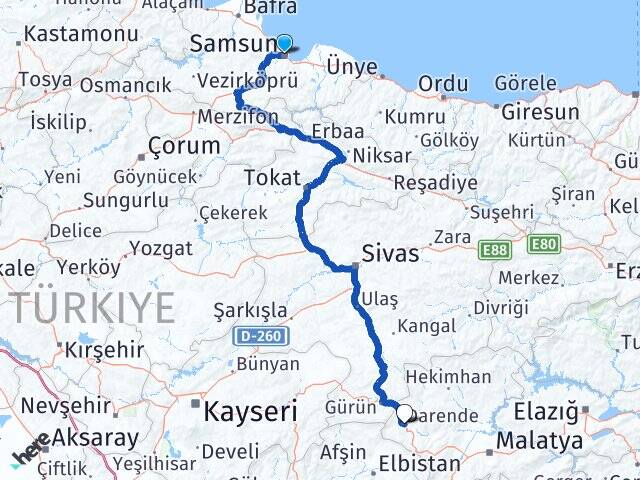 Samsun İlkadım Darende Malatya Arası Kaç Km - Yol Haritası