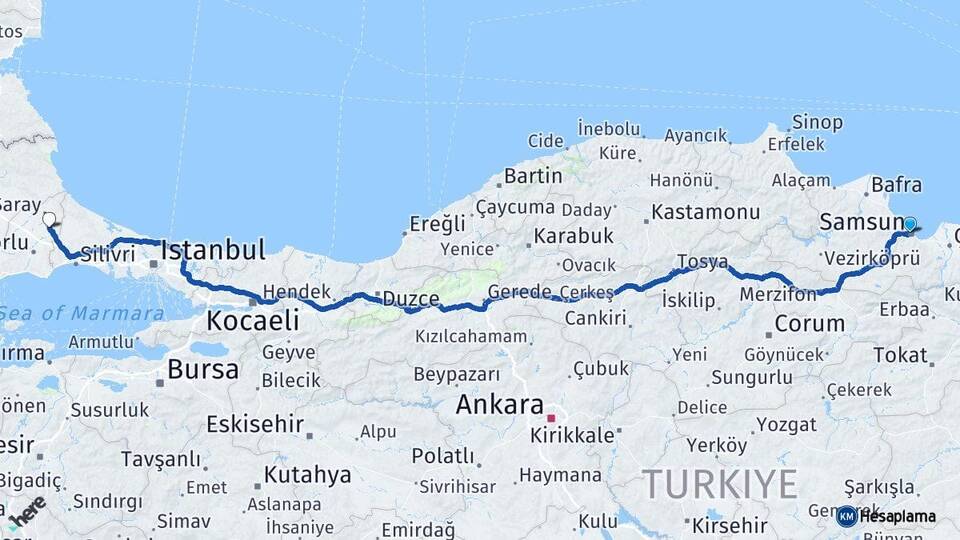 Samsun İlkadım Kapaklı Tekirdağ Arası Kaç Km - Yol Haritası