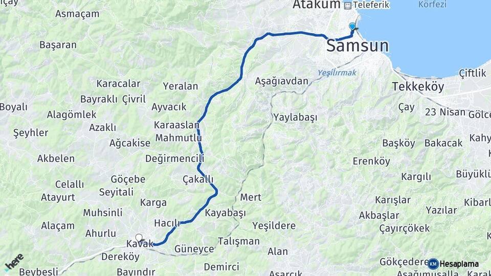 Samsun İlkadım Kavak Arası Kaç Km - Yol Haritası