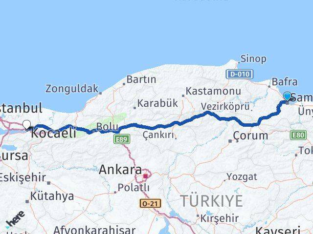 Samsun İlkadım Kocaeli Arası Kaç Km - Yol Haritası